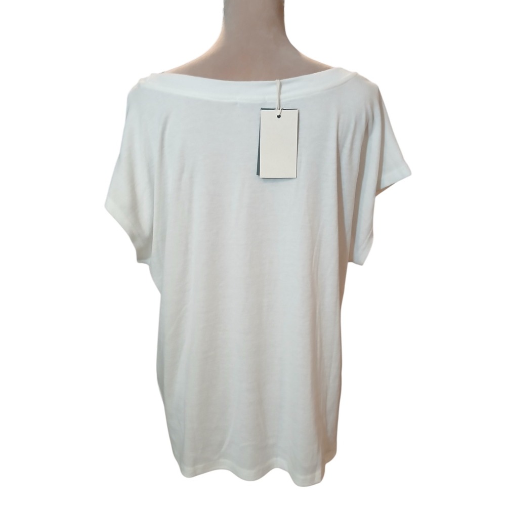 Flamingo M White Boat Neck Pocket Short Sleeve Dolman Relaxed Fit T-Shirt Womens - Picture 6 of 13